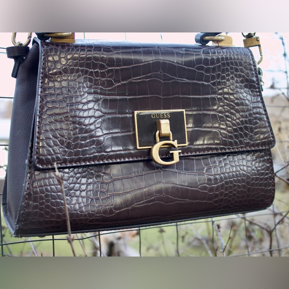 Guess Brown/Black Croc-Embossed Crossbody Bag with Gold Hardware - Picture 3 of 11